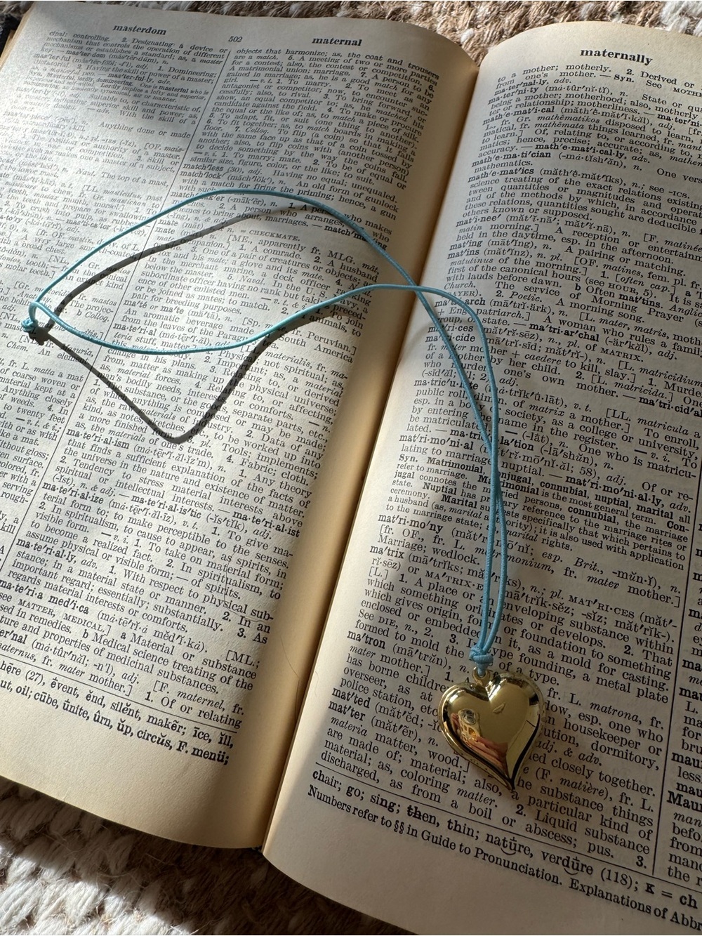 Gold Heart Pendant Necklace on Light Blue Cord - Women Jewelry